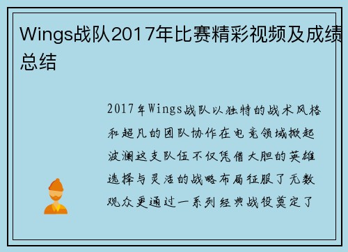 Wings战队2017年比赛精彩视频及成绩总结